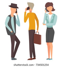 Trendy flat people with phone gadgets group characters using hi tech technology vector illustration.