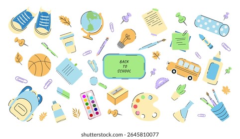 Trendy Flat School Supplies for Boy. Back to school. Books, Globe, Backpack, Stationery. Kids Vector Illustration in Doodle Style. Education Art Supplies and School Stationery, School Bus, Board.