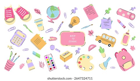 Trendy Flat School Supplies for Girl. Back to school. Books, Globe, Backpack, Stationery. Kids Vector Illustration in Doodle Style. Education Art Supplies and School Stationery, School Bus, Board.