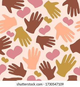 Trendy flat seamless pattern big hands and hearts in beige color. Modern and original design perfect for textile, background, wallpaper, bag, napkins, socks. Abstract heart and hands symbol of love