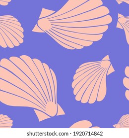 Trendy flat silhouette sea shells seamless pattern for fabric, textile, apparel, cloth, interior, stationery, package. Modern handmade aquatic endless texture. Tropical ocean shells editable design.