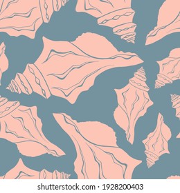 Trendy flat silhouette sea shells seamless pattern for fabric, textile, apparel, cloth, interior, stationery, package. Modern handmade aquatic endless texture. Tropical ocean shells editable design.