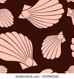 Trendy flache Silhouette Meer Muscheln nahtlose Muster für Gewebe, Textilien, Bekleidung, Stoff, Innen-, Schreibwaren, Packung. Moderne handgemachte aquatische endlose Textur. Tropische Ozeanschalen befeuchtbares Design.
