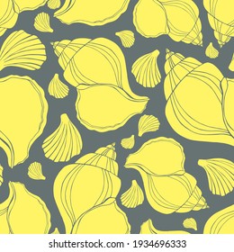 Trendy flat silhouette sea shells seamless pattern for fabric, textile, apparel, cloth, interior, stationery, package. Modern handmade aquatic endless texture. Tropical ocean shells editable design.