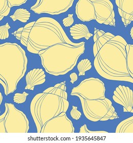 Trendy flache Silhouette Meer Muscheln nahtlose Muster für Gewebe, Textilien, Bekleidung, Stoff, Innen-, Schreibwaren, Packung. Moderne handgemachte aquatische endlose Textur. Tropische Ozeanschalen befeuchtbares Design.