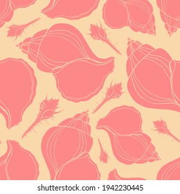 Trendy flache Silhouette Meer Muscheln nahtlose Muster für Gewebe, Textilien, Bekleidung, Stoff, Innen-, Schreibwaren, Packung. Moderne handgemachte aquatische endlose Textur. Tropische Ozeanschalen befeuchtbares Design.