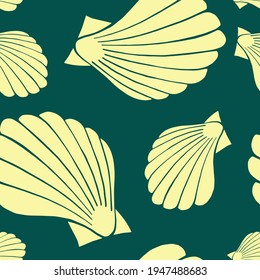 Trendy flat silhouette sea shells seamless pattern for fabric, textile, apparel, cloth, interior, stationery, package. Modern handmade aquatic endless texture. Tropical ocean shells editable design.