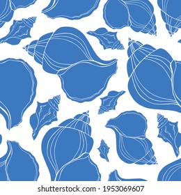 Trendy flat silhouette sea shells seamless pattern for fabric, textile, apparel, cloth, interior, stationery, package. Modern handmade aquatic endless texture. Tropical ocean shells editable design.