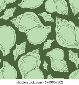 Trendy flat silhouette sea shells seamless pattern for fabric, textile, apparel, cloth, interior, stationery, package. Modern handmade aquatic endless texture. Tropical ocean shells editable design.