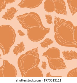 Trendy flat silhouette sea shells seamless pattern for fabric, textile, apparel, cloth, interior, stationery, package. Modern handmade aquatic endless texture. Tropical ocean shells editable design.