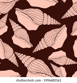 Trendy flat silhouette sea shells seamless pattern for fabric, textile, apparel, cloth, interior, stationery, package. Modern handmade aquatic endless texture. Tropical ocean shells editable design.