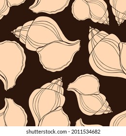 Trendy flat silhouette sea shells seamless pattern for fabric, textile, apparel, cloth, interior, stationery, package. Modern handmade aquatic endless texture. Tropical ocean shells editable design.