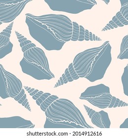 Trendy flat silhouette sea shells seamless pattern for fabric, textile, apparel, cloth, interior, stationery, package. Modern handmade aquatic endless texture. Tropical ocean shells editable design.