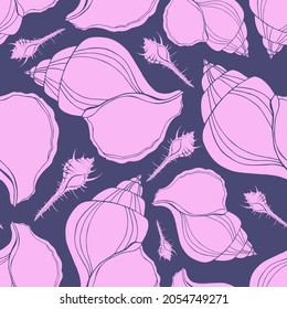 Trendy flat silhouette sea shells seamless pattern for fabric, textile, apparel, cloth, interior, stationery, package. Modern handmade aquatic endless texture. Tropical ocean shells editable design.