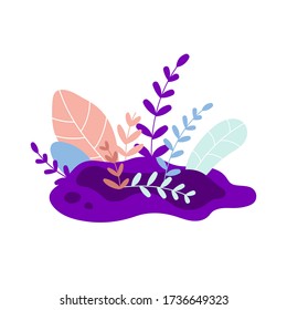 Paisaje moderno de estilo sencillo y plano con plantas, ramas y hojas. Los colores azul y violeta. Diseño floral de bosque de hadas. Ideal para la impresión de prendas de vestir, pegatinas, tarjetas, arte para proyectos empresariales y personales
