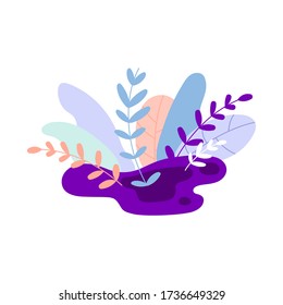 Trendy flat simple style landscape with plants, branches, and leaves. Blue and purple colors. Fairy forest floral design. Great for apparel print, sticker, card, art for business and personal projects