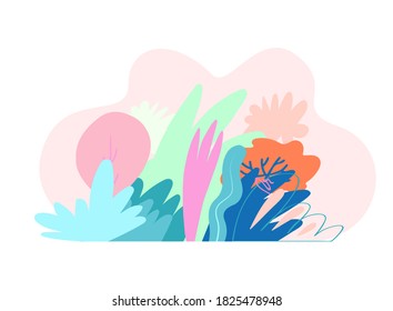 Trendy flat simple style landscape with plants, branches, and leaves. Blue and purple colors. Fairy forest floral design. Great for apparel print, sticker, card, art for business and personal projects