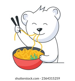 Trendy flat sticker of bear eating noodles  