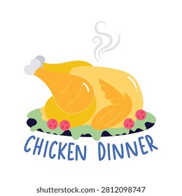 A trendy flat sticker of roast chicken shows the delicious holiday dinner concept.