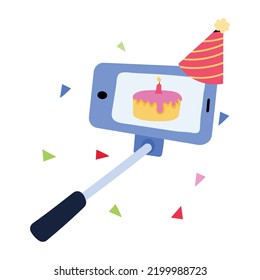 A trendy flat sticker of selfie stick 