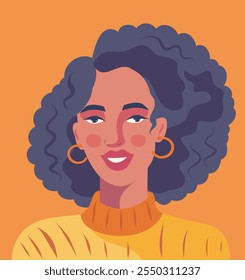 Trendy flat style bright portrait beautiful woman afro american smiling. Women's day. Fashionable flat portrait-avatar for social networks and website