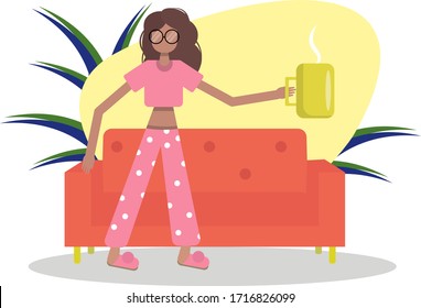 trendy flat style - female character with a big hand. girl with coffee.