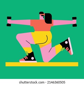 trendy flat style female character exercising with dumbbells on a yoga mat, vector illustration, minimalist fitness icon