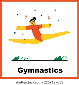 Trendy flat style female character . Split jump woman gymnast in artistic gymnastics. Vector illustration.Olympic Games, competitions vector character. Athletic young woman character in sportswear. 