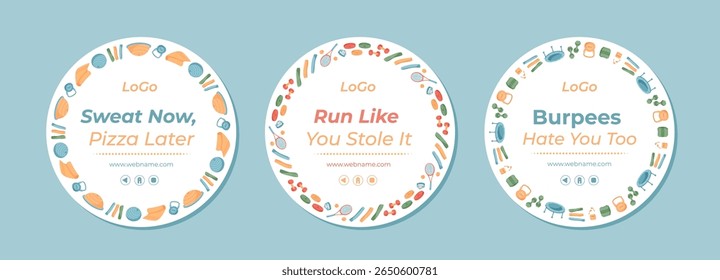 Trendy flat style fitness frame set. Circular banner design incorporates gym equipment for training, exercise, and workout. Suitable for healthy lifestyle themes and sport backgrounds.