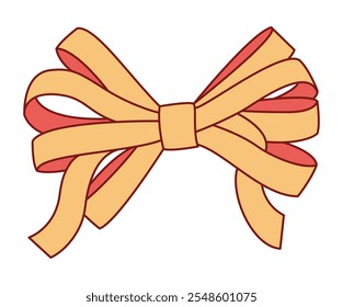 Trendy flat style gold and red ribbon bow. Hand drawn yellow gold and red bowknot for decoration gift bowtie. Vector illustration