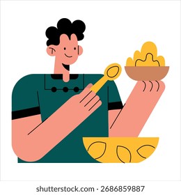 Trendy flat style icon of tasting food