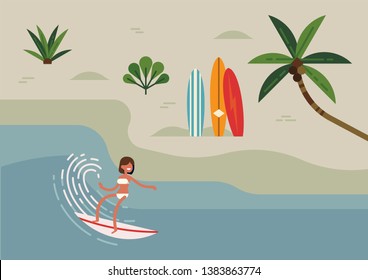 Trendy flat style illustration on young adult woman riding surfboard along the coast. Summer lifestyle minimal background with abstract beach, palm tree, surfboards and female surfer