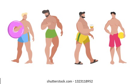 Trendy flat style men on the beach set. Chubby, sport guys in swim suits. Holding bear, ball, posing, walking. Vector illustration isolated on white.
