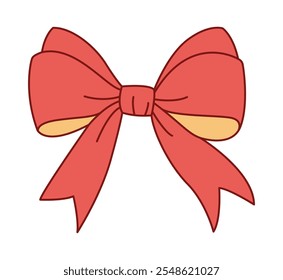 Trendy flat style Red and gold ribbon bow. Hand drawn red and yellow bowknot for decoration gift bowtie. Vector illustration