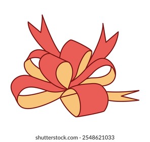 Trendy flat style Red and gold ribbon bow. Hand drawn red and yellow bowknot for decoration gift bowtie. Vector illustration