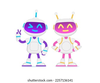 Trendy flat style Robot boy and Girl character design. Funny Robot cartoon  for company Brand Mascot. Robot Girl assistant for web site design. Editable vector