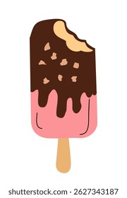 Trendy flat style vector illustration of a cartoon ice cream stick with chocolate and pink frosting, bitten on top. Fun summer dessert icon isolated on white background