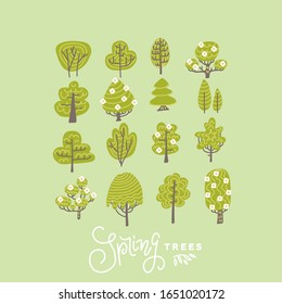 Trendy Flat Trees and Flowers Set Vector Illustration . Scandinavian style blooming trees collection