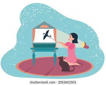 Trendy flat vector illustration. Child play in the theater. A girl with her cat spend time at home. Bedtime story. Cute shadow theatre. child play in the shadows theatre. Children development concept