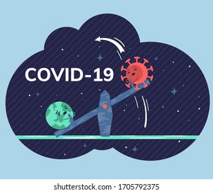 Trendy flat vector illustration depicts competition between planet Earth and Covid-19, which are compared on a balance seesaw with the starry sky background.  Global viral epidemic or pandemic.