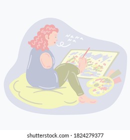Trendy Flat vector illustration in disability concept. A Disabled girl Without Hands painting and singing. Person with missing limb in Everyday Life. Young disabled female lives an active lifestyle.
