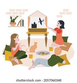 Trendy flat vector illustration. happy children play in the theater. Girls and boy spend time at home. Bedtime story. Cute shadow theatre. child play in the shadows theatre. concept of pastime at home