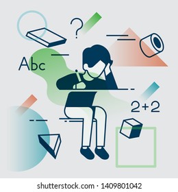 Trendy flat vector illustration on learning process in minimal geometric style. School and education themed concept design with abstract child figure 
