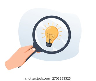 Trendy flat vector illustration of Search idea. Hand holding magnifying glass with lightbulb. Creative vision and thinking. Business insights and solutions. Find target. Contemporary vector