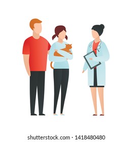 Trendy flat veterinarian character vector cartoon illustration. Couple with cat visit doctor for an examination on white background. White coat, kitten, papers. Vet clinic concept.