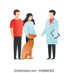 Trendy flat veterinarian character vector cartoon illustration. Couple with a dog visit doctor for an examination on white background. People and animal design. Vet clinic concept.