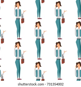 Trendy flat woman with phone gadgets seamless pattern group characters using hi tech technology vector illustration.