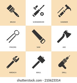 Trendy flat working tools icons black silhouettes. Vector illustration 
