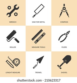 Trendy flat working tools icons black silhouettes. Vector illustration 