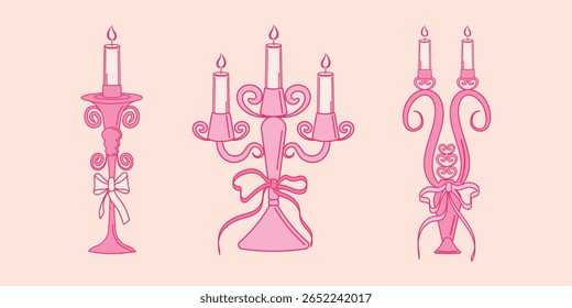 Trendy, flirty vintage candlesticks for wedding invitations, greeting cards and more with bows and ribbons. Vector illustration.